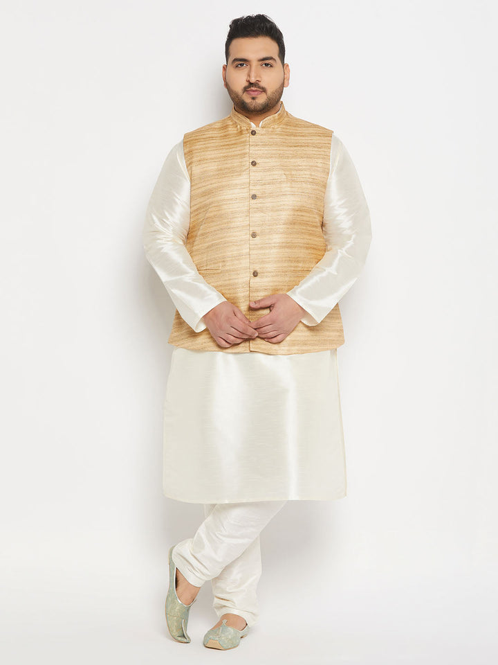 Men's Plus Size Beige Matka Silk Nehru Jacket With Cream Silk Blend Kurta Andpant Style Pyjama Set
