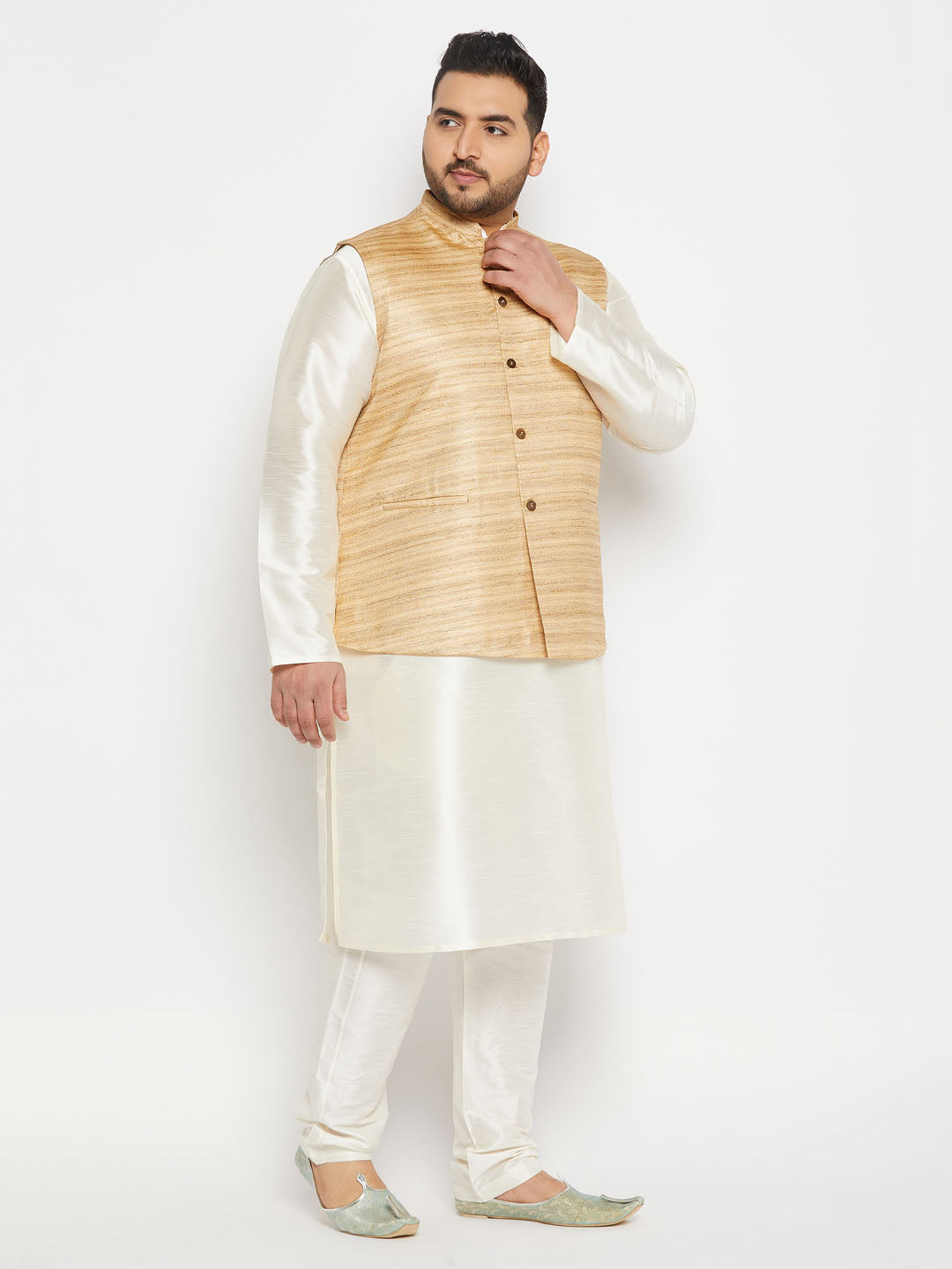 Men's Plus Size Beige Matka Silk Nehru Jacket With Cream Silk Blend Kurta Andpant Style Pyjama Set