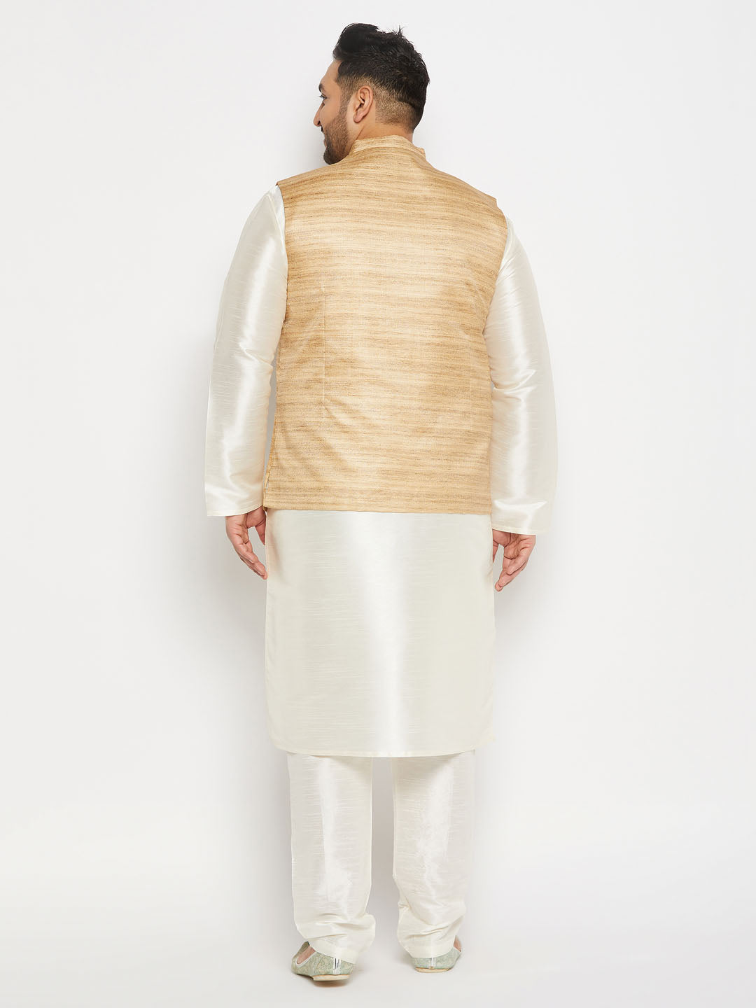 Men's Plus Size Beige Matka Silk Nehru Jacket With Cream Silk Blend Kurta Andpant Style Pyjama Set