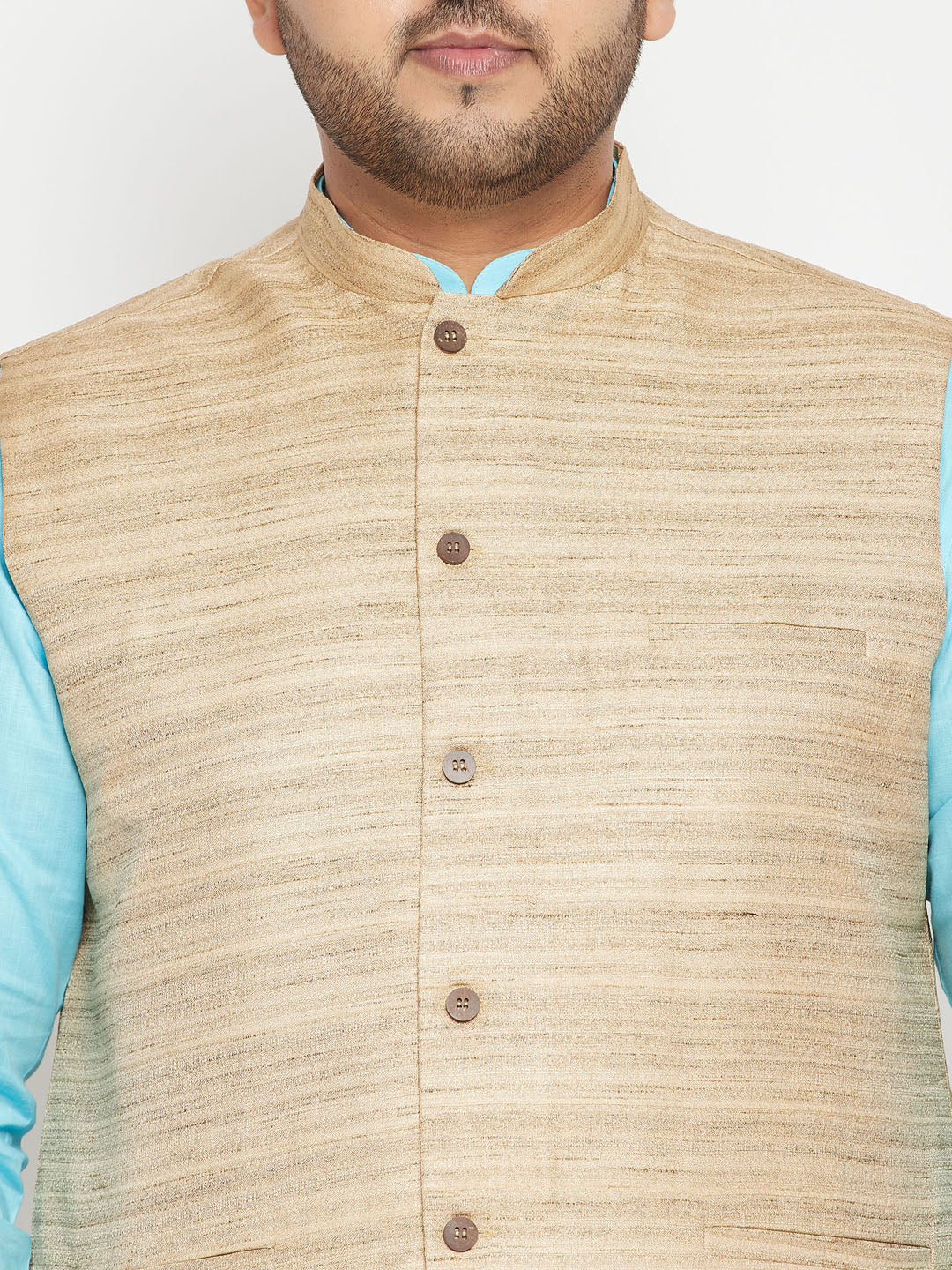 Men's Plus Size Aqua And Beige Cotton Blend Jacket Kurta Pyjama Set