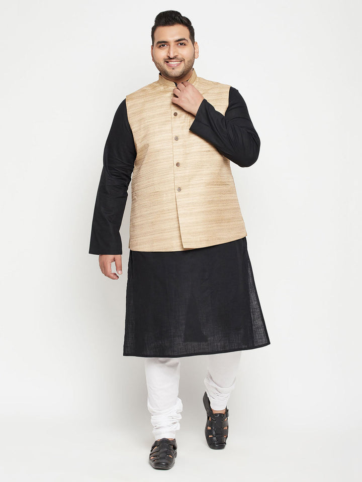 Men's Plus Size Black And Beige Cotton Blend Jacket Kurta Pyjama Set