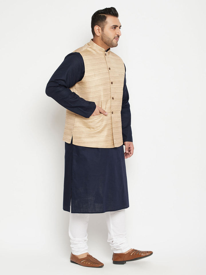Men's Plus Size Navy Blue And Beige Cotton Blend Jacket Kurta Pyjama Set