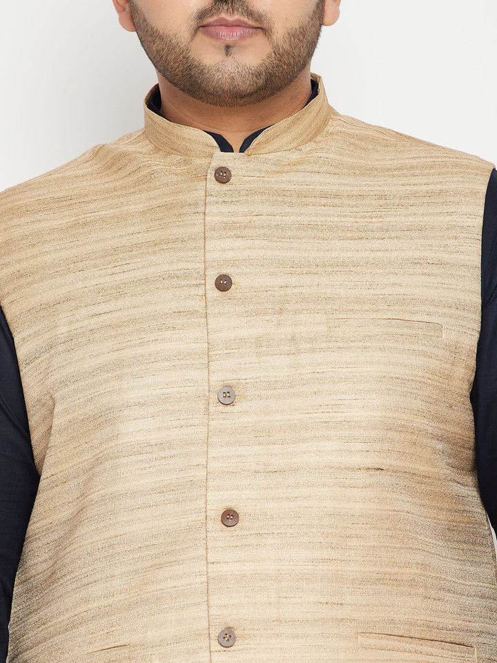 Men's Plus Size Navy Blue And Beige Cotton Blend Jacket Kurta Pyjama Set
