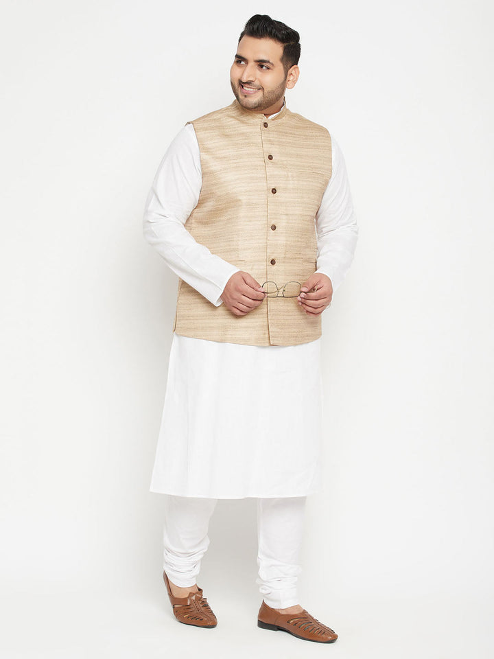 Men's Plus Size White And Beige Cotton Blend Jacket Kurta Pyjama Set