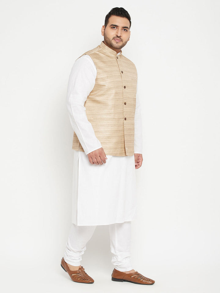Men's Plus Size White And Beige Cotton Blend Jacket Kurta Pyjama Set