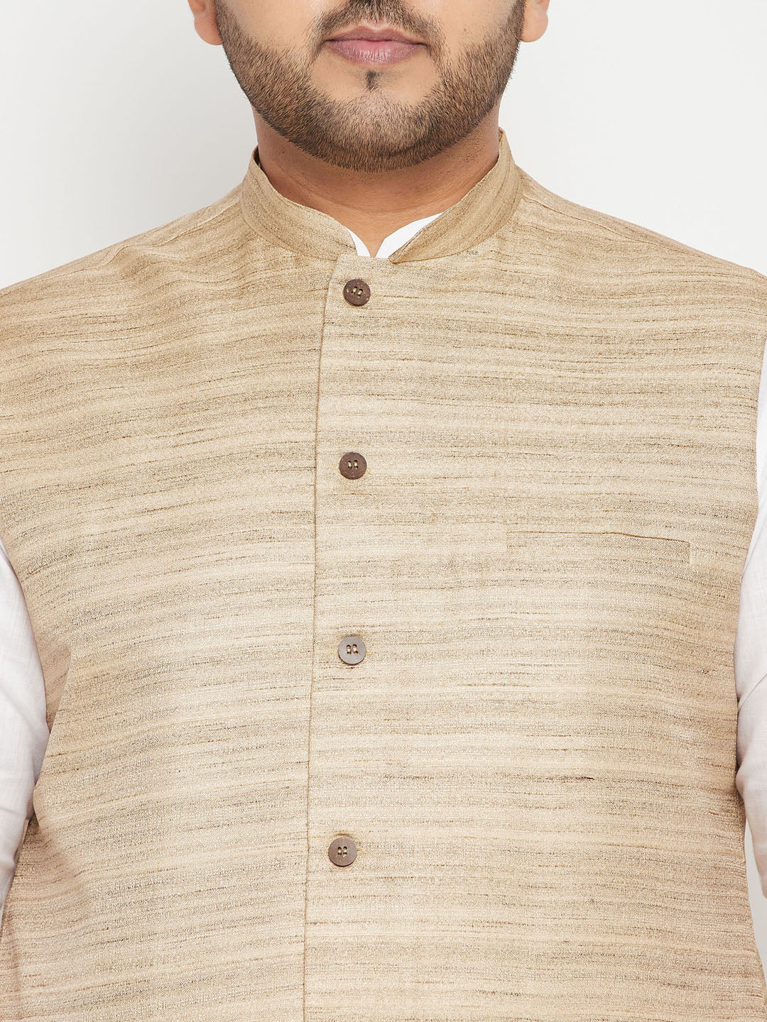 Men's Plus Size White And Beige Cotton Blend Jacket Kurta Pyjama Set