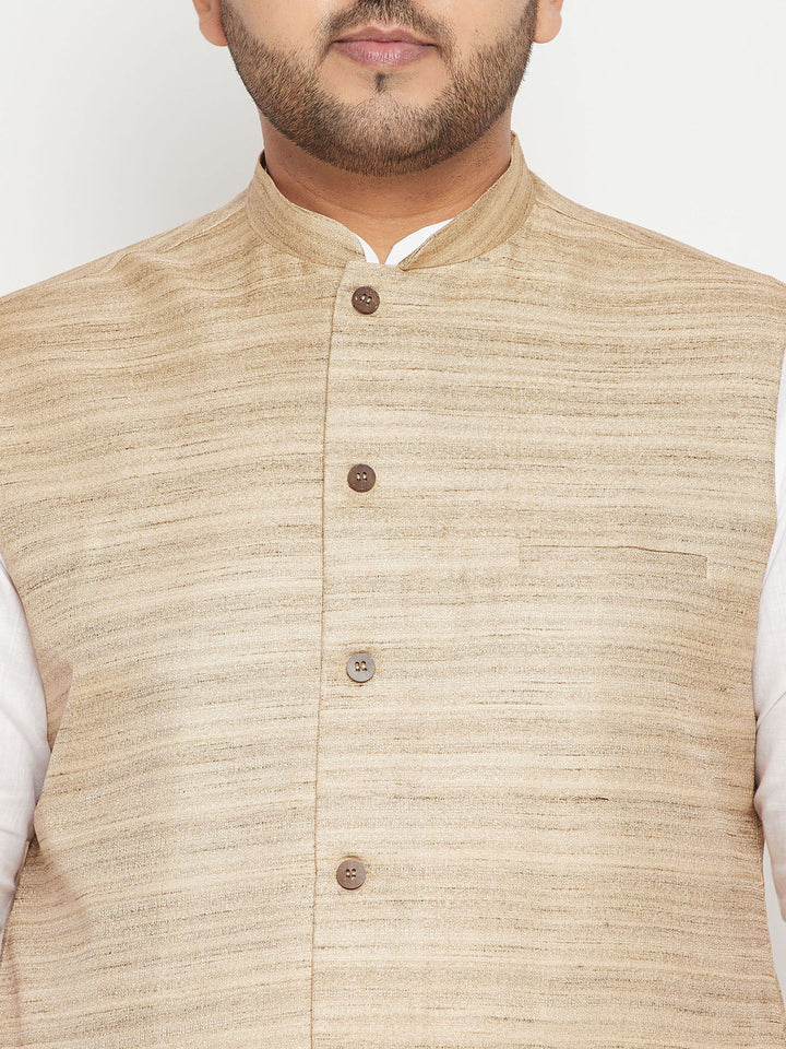 Men's Plus Size White And Beige Cotton Blend Jacket Kurta Pyjama Set
