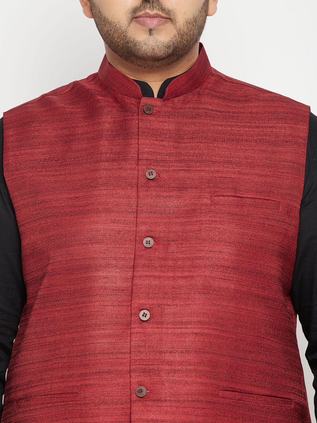 Men's Plus Size Black, Maroon Cotton Blend Jacket Kurta Pyjama Set