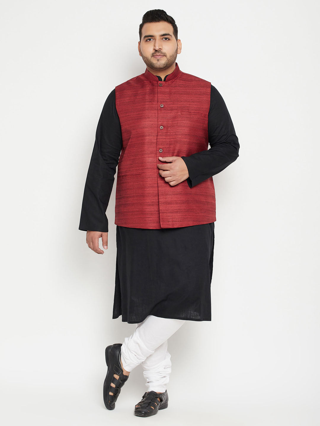 Men's Plus Size Black, Maroon Cotton Blend Jacket Kurta Pyjama Set