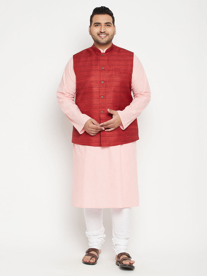 Men's Plus Size Pink And Maroon Cotton Blend Jacket Kurta Pyjama Set