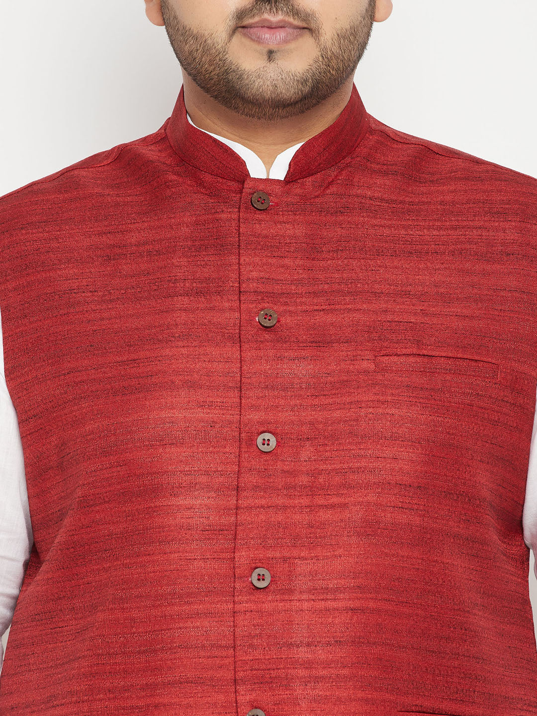 Men's Plus Size White And Maroon Cotton Blend Jacket Kurta Pyjama Set