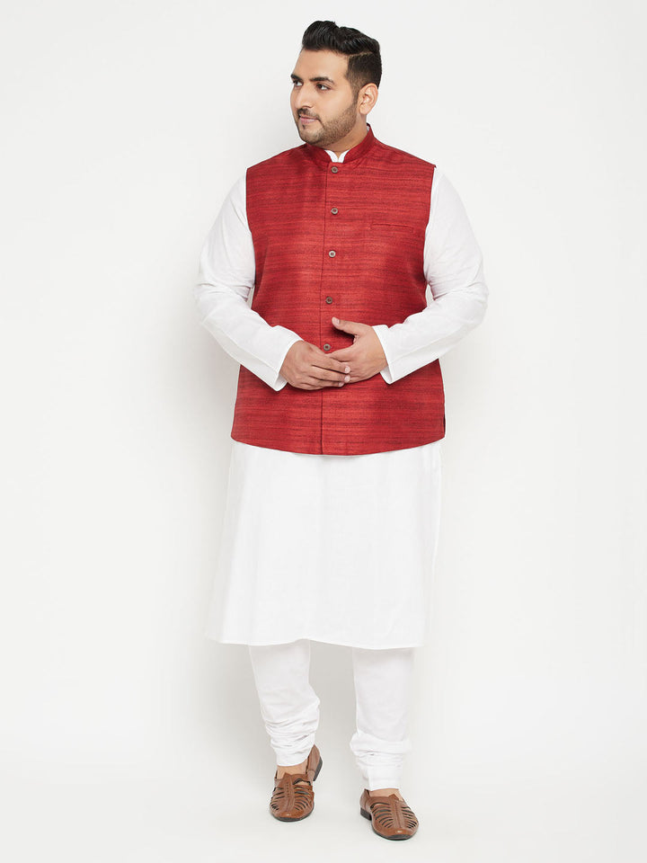 Men's Plus Size White And Maroon Cotton Blend Jacket Kurta Pyjama Set