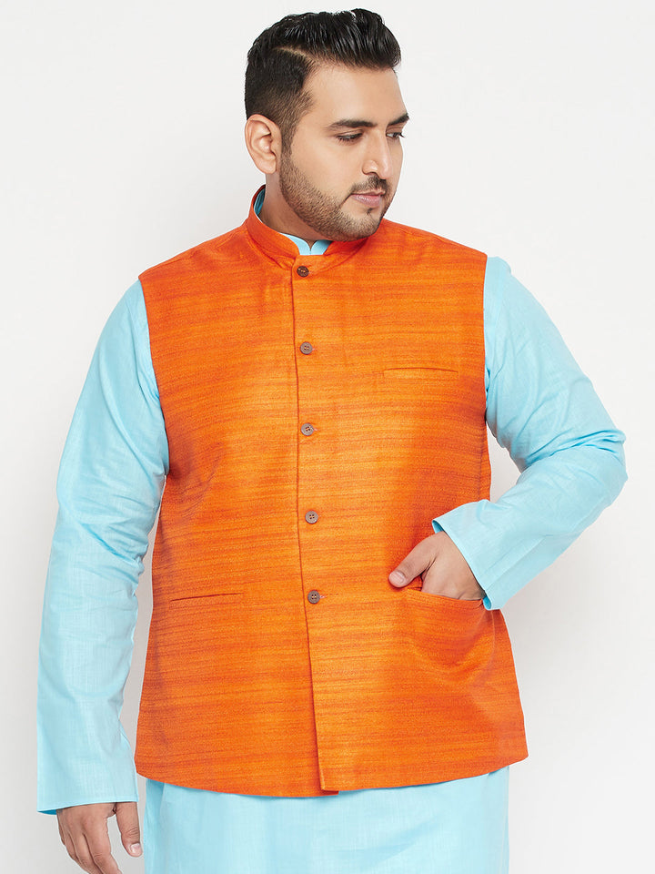 Men's Plus Size Orange Matka Silk Textured Nehru Jacket
