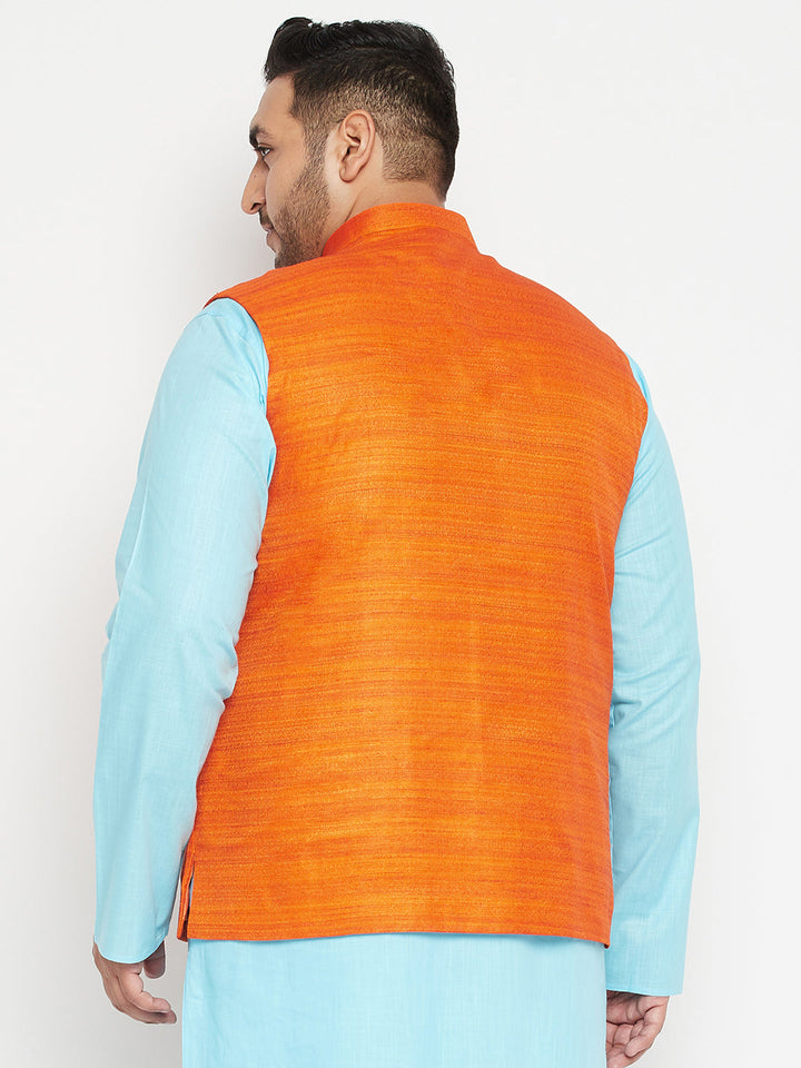 Men's Plus Size Orange Matka Silk Textured Nehru Jacket