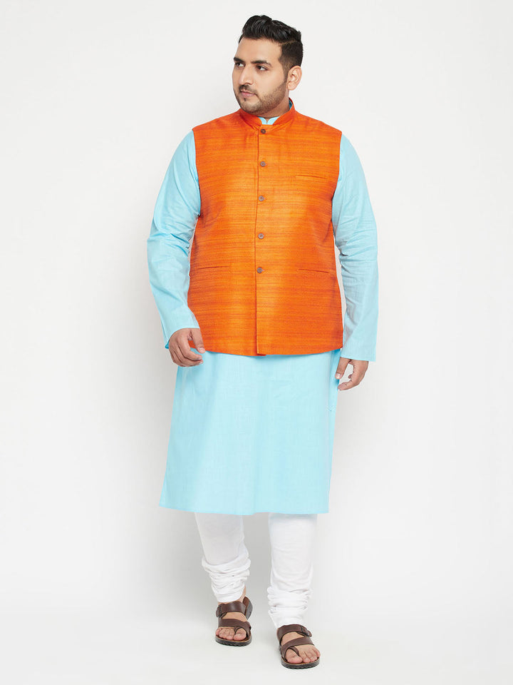 Men's Plus Size Orange Matka Silk Textured Nehru Jacket