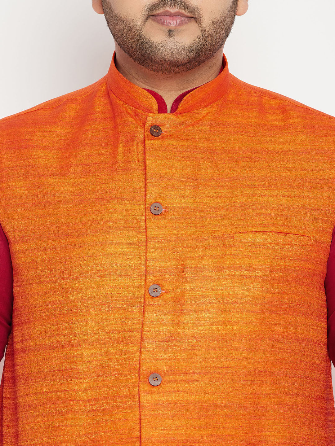 Men's Plus Size Maroon And Orange Cotton Blend Jacket Kurta Pyjama Set
