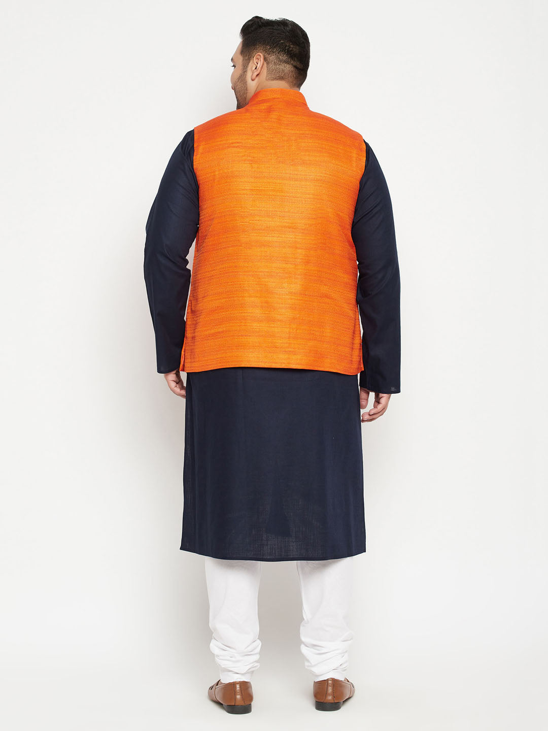 Men's Plus Size Navy Blue And Orange Cotton Blend Jacket Kurta Pyjama Set