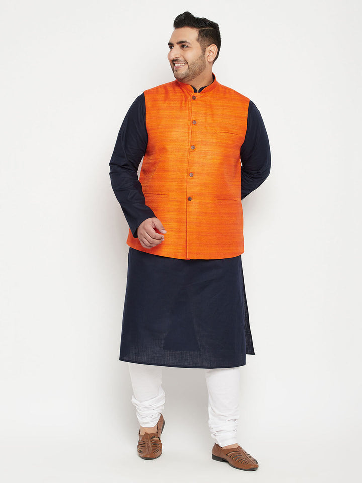 Men's Plus Size Navy Blue And Orange Cotton Blend Jacket Kurta Pyjama Set