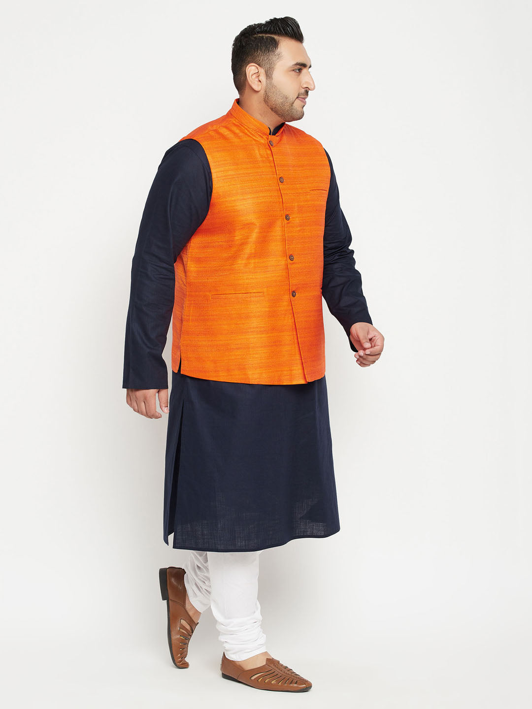 Men's Plus Size Navy Blue And Orange Cotton Blend Jacket Kurta Pyjama Set