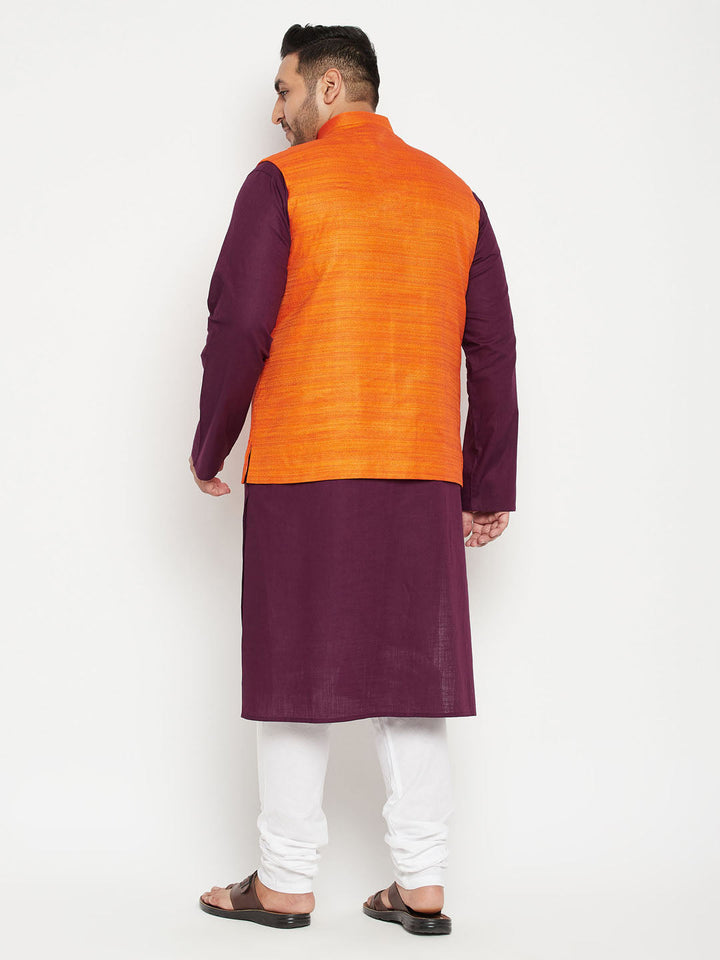 Men's Plus Size Purple And Orange Cotton Blend Jacket Kurta Pyjama Set