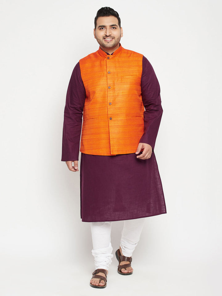 Men's Plus Size Purple And Orange Cotton Blend Jacket Kurta Pyjama Set