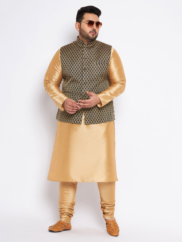 Men's Plus Size Black Ethnic Jacket With Rose Gold Silk Blend Kurta Pyjama Set