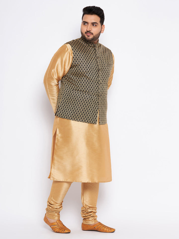 Men's Plus Size Black Ethnic Jacket With Rose Gold Silk Blend Kurta Pyjama Set