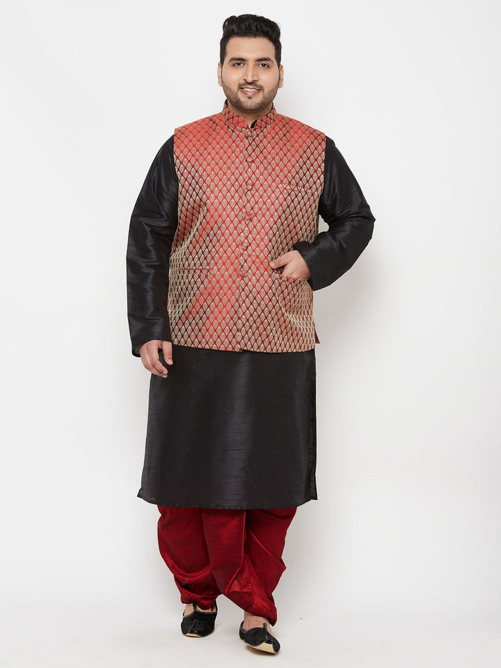 Plus Men's Maroon Nehru Jacket With Black Kurta And Maroon Dhoti Set