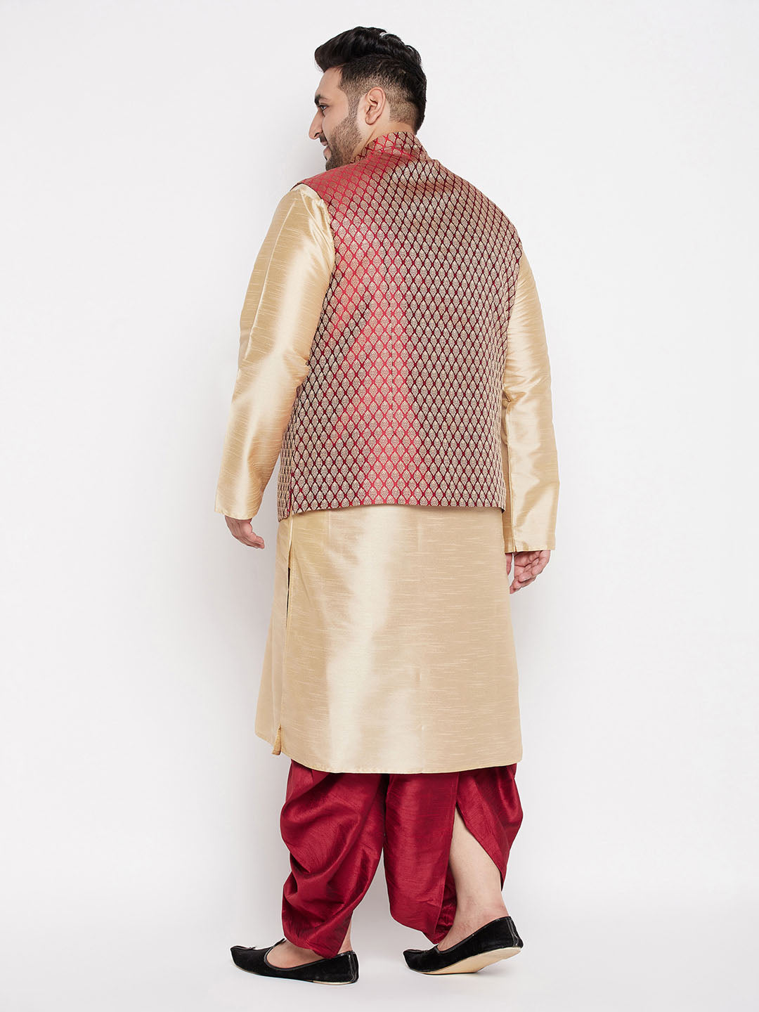 Plus Men's Maroon Nehru Jacket With Gold Kurta And Maroon Dhoti Set