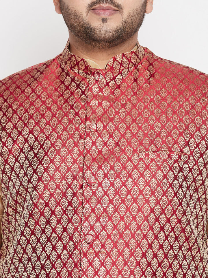 Plus Men's Maroon Nehru Jacket With Gold Kurta And Maroon Dhoti Set