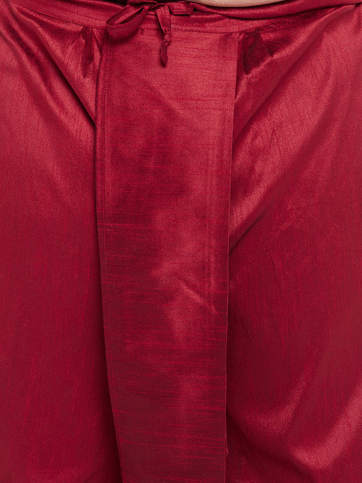 Plus Men's Maroon Nehru Jacket With Gold Kurta And Maroon Dhoti Set