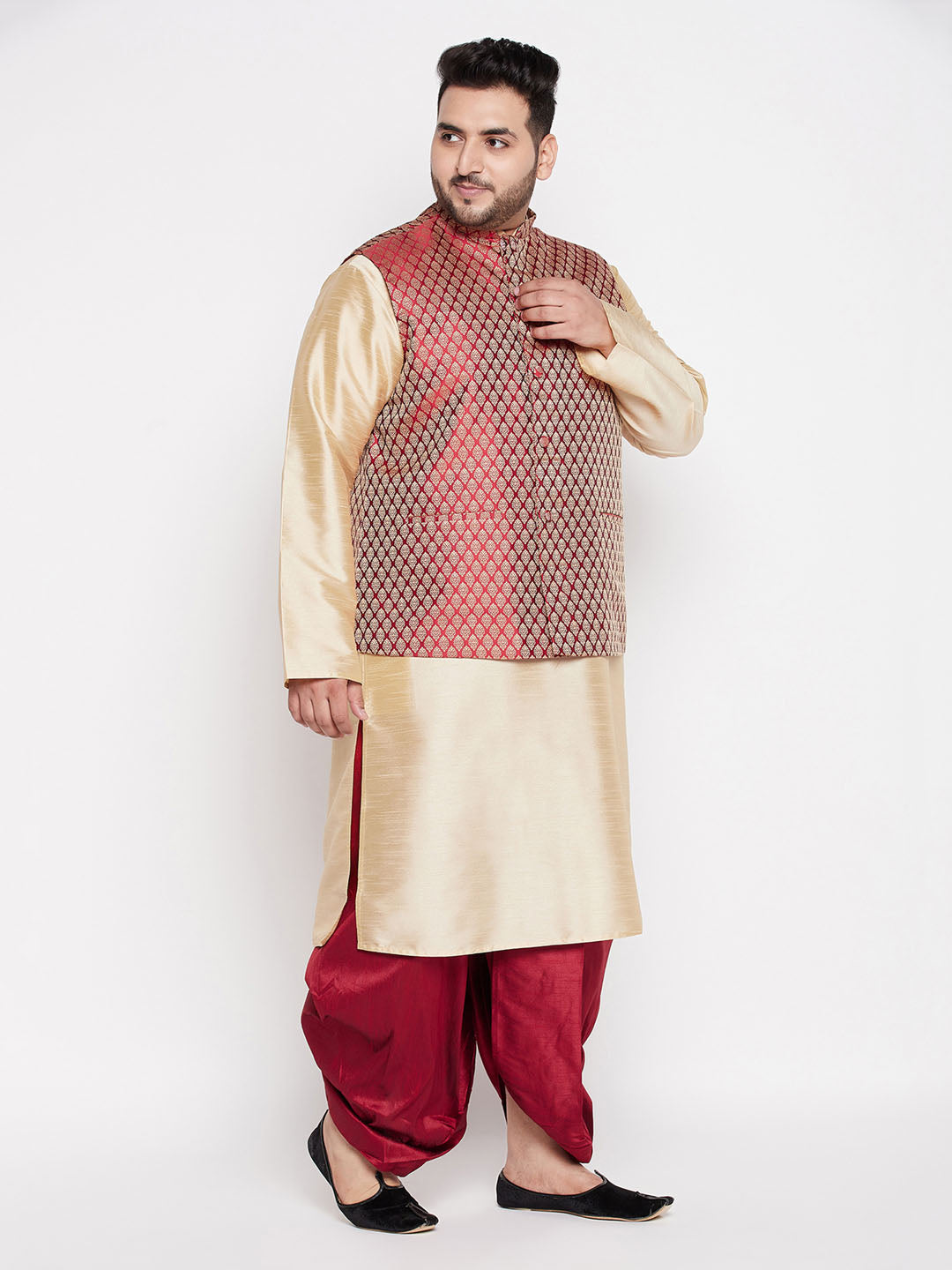 Plus Men's Maroon Nehru Jacket With Gold Kurta And Maroon Dhoti Set