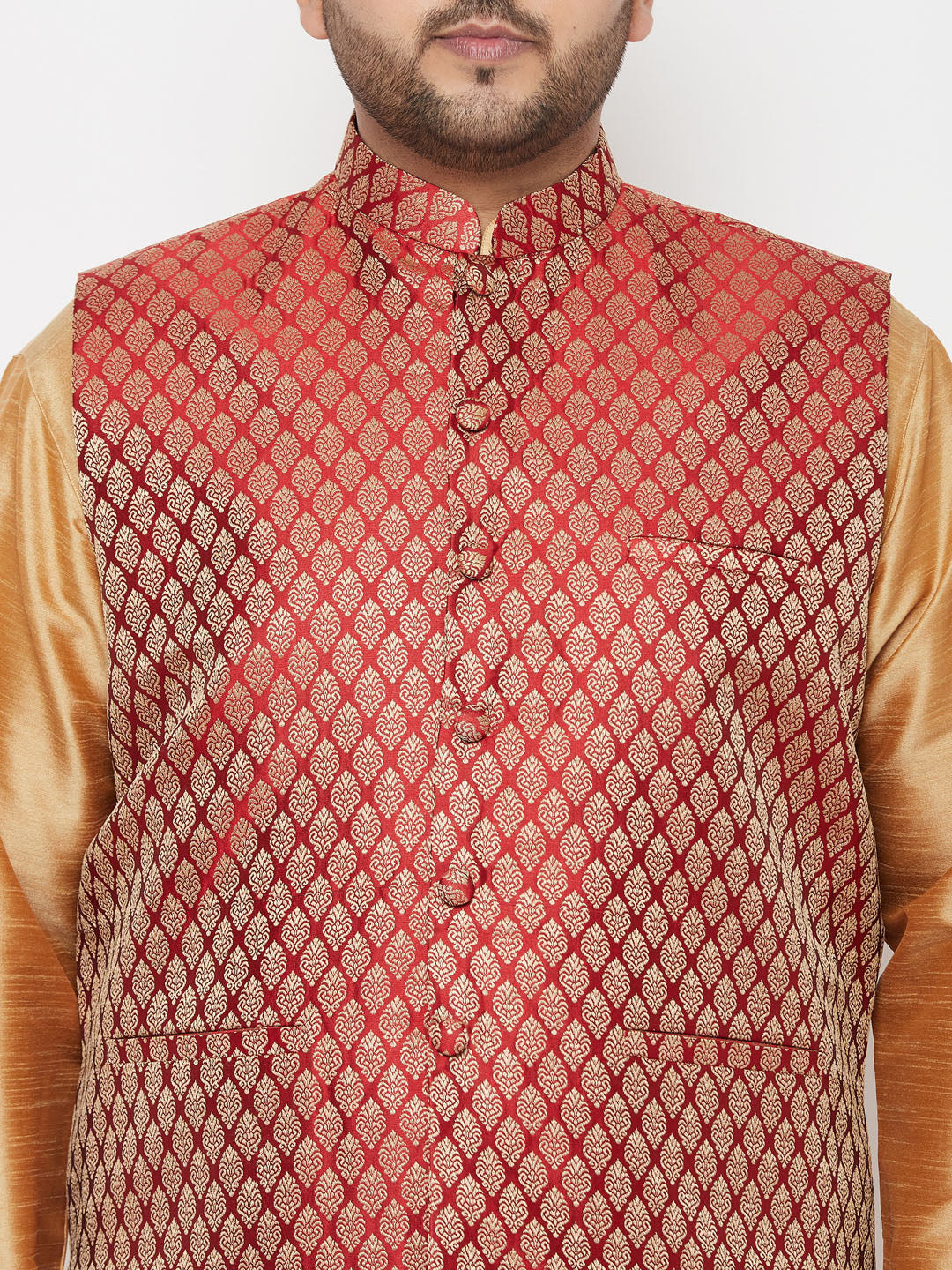 Plus Men's Maroon Nehru Jacket With Rose Gold Kurta And Maroon Dhoti Set