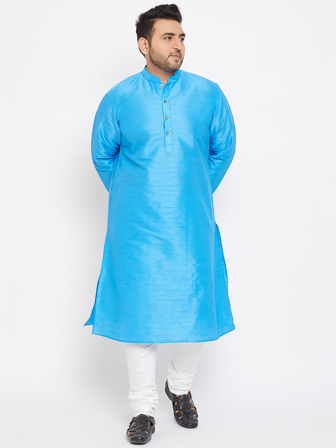 Men's Plus Size Aqua Blue Silk Blend Kurta Pyjama Set