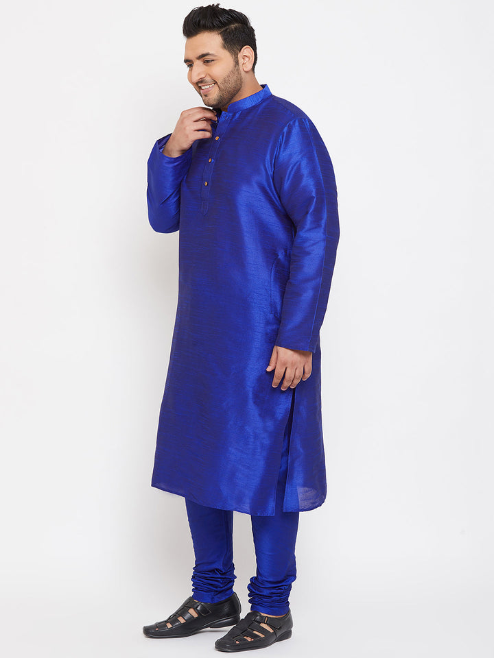Men's Plus Size Blue Silk Blend Kurta Pyjama Set