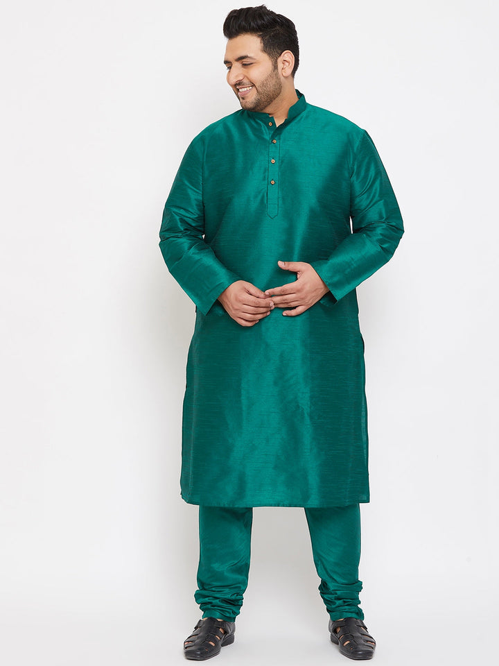 Men's Plus Size Green Silk Blend Kurta Pyjama Set