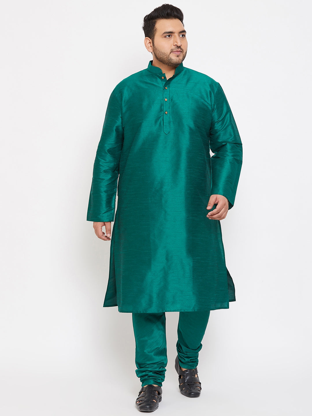 Men's Plus Size Green Silk Blend Kurta Pyjama Set
