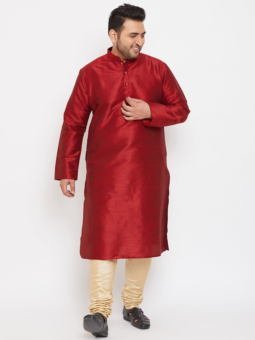 Men's Plus Size Maroon Silk Blend Kurta Pyjama Set