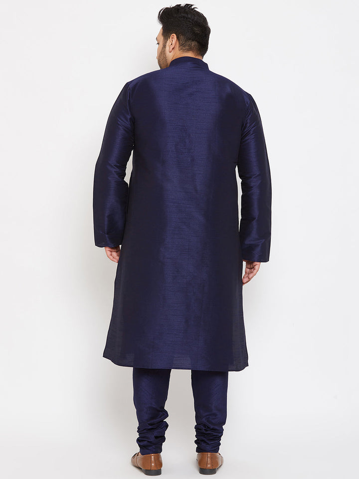 Men's Plus Size Navy Blue Silk Blend Kurta Pyjama Set
