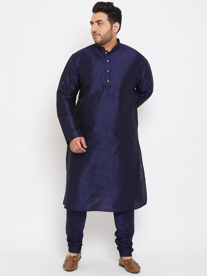 Men's Plus Size Navy Blue Silk Blend Kurta Pyjama Set