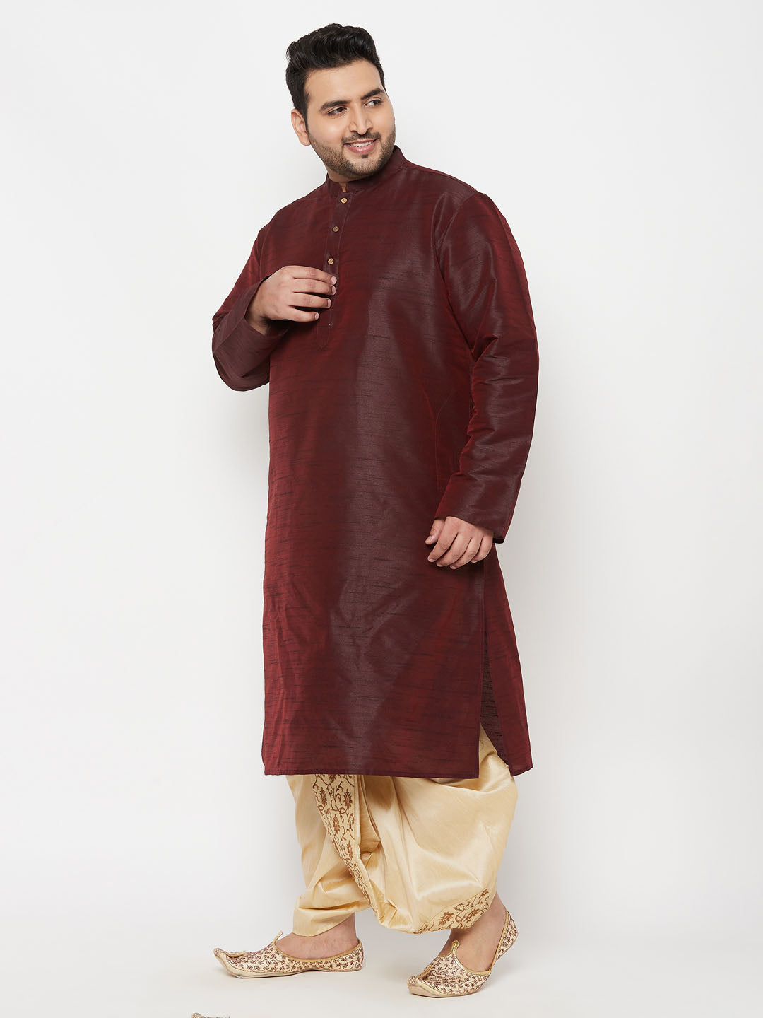 Men's Plus Size Wine Silk Blend Kurta Dhoti Set