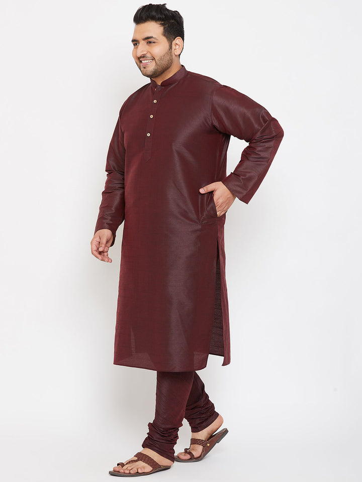 Men's Plus Size Wine Silk Blend Kurta Pyjama Set