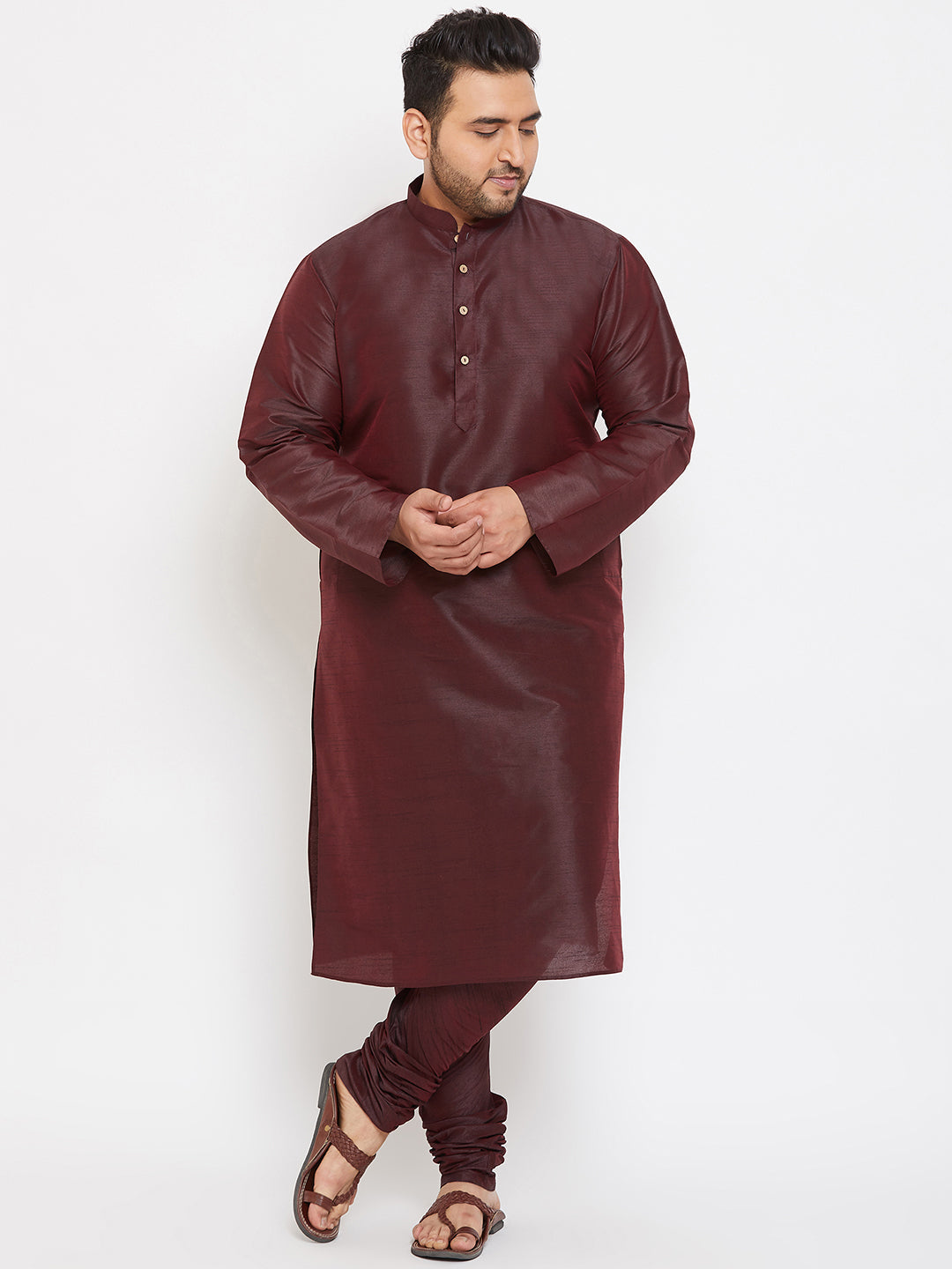 Men's Plus Size Wine Silk Blend Kurta Pyjama Set