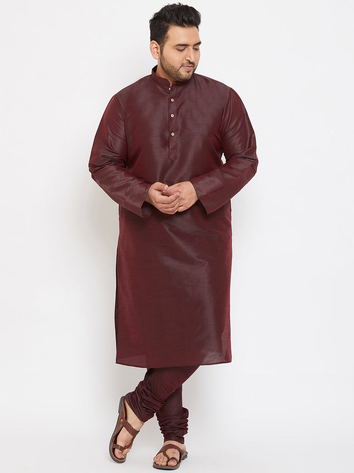 Men's Plus Size Wine Silk Blend Kurta Pyjama Set