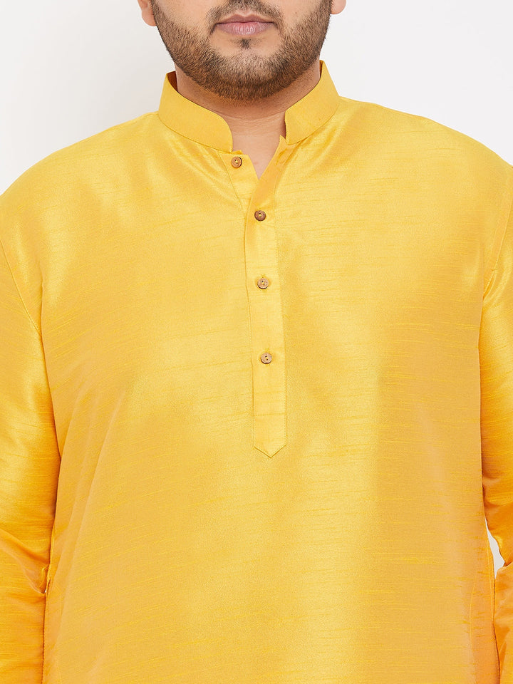 Men's Plus Size Yellow Silk Blend Kurta Pyjama Set
