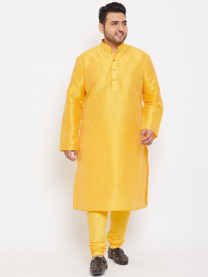 Men's Plus Size Yellow Silk Blend Kurta Pyjama Set