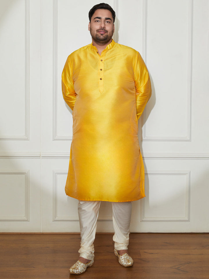 Plus Men's Yellow Silk Blend Kurta Pyjama Set