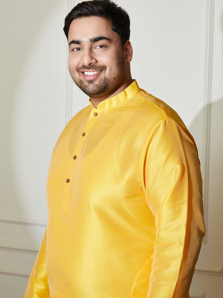 Plus Men's Yellow Silk Blend Kurta Pyjama Set