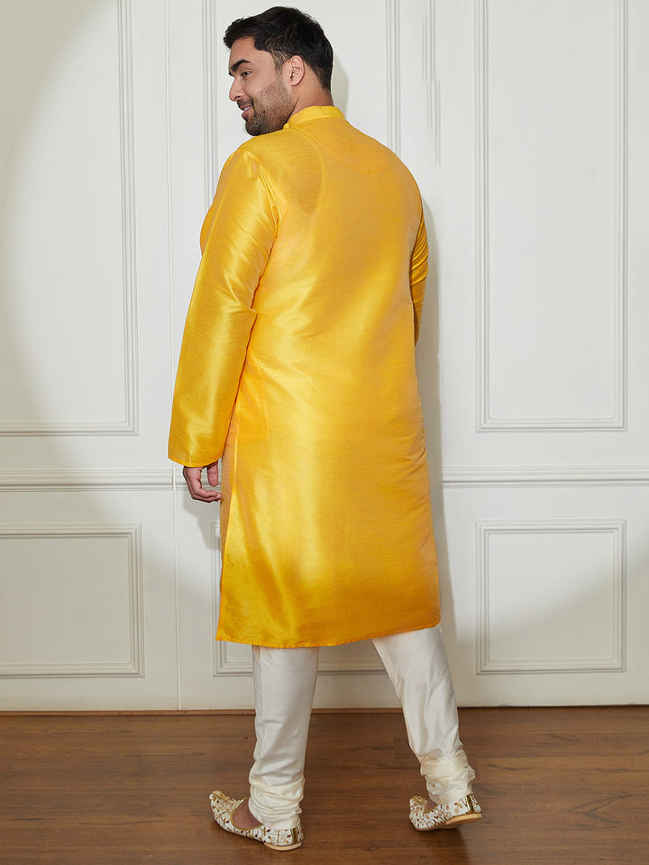 Plus Men's Yellow Silk Blend Kurta Pyjama Set
