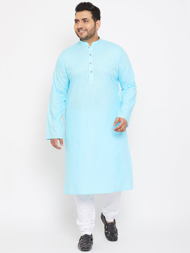 Men's Plus Size Aqua Blue Cotton Kurta